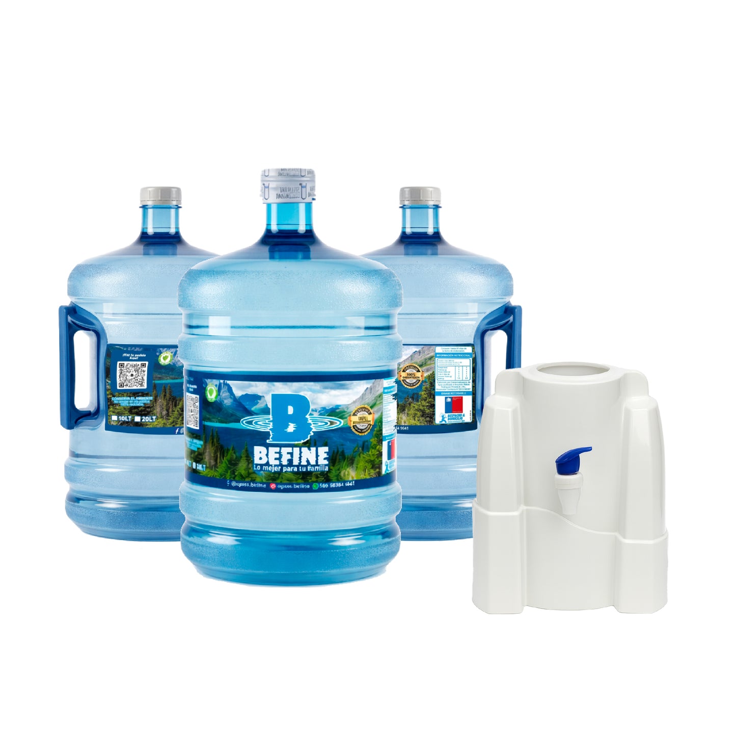Pack Inicial — 3 Bidones de 20 Litros + Dispensador Soporte Blanco